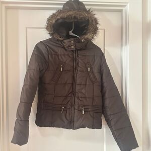 Dollhouse Juniors Puffer Jacket Brown w/ Faux Fur Hood Zipper & Snap Pockets, S